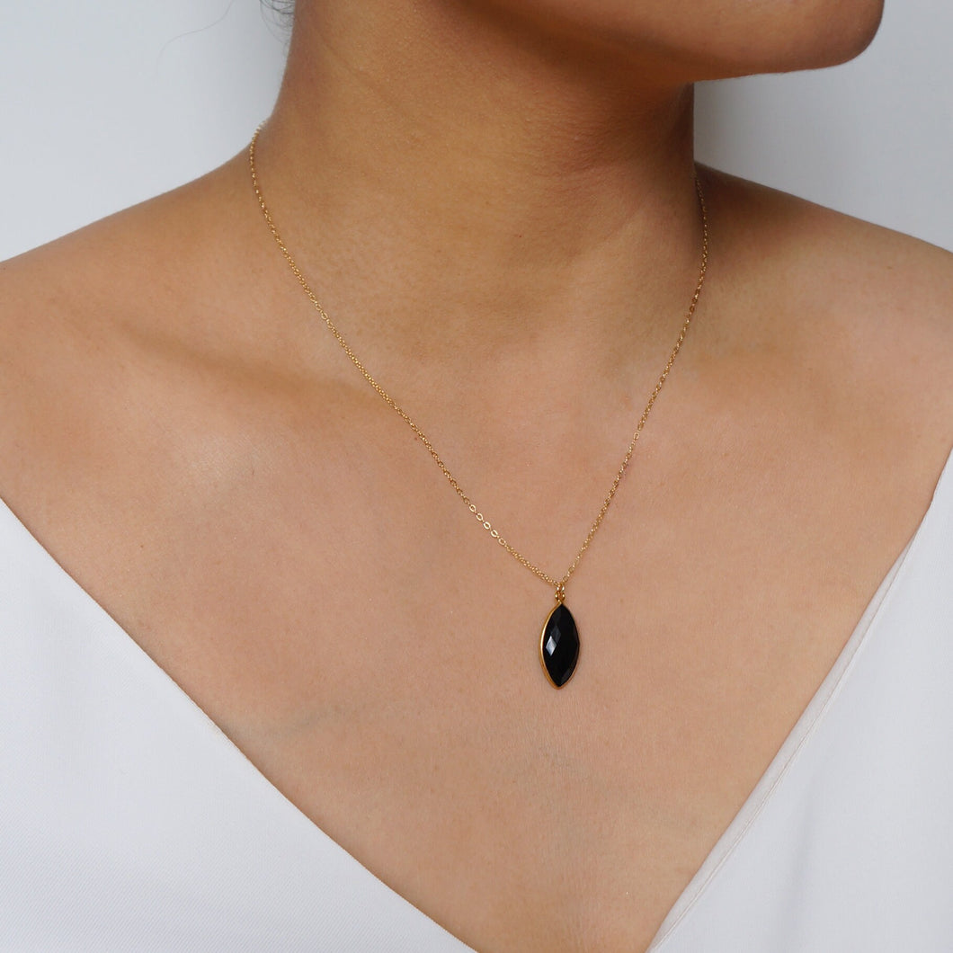 Black Onyx Marquise Pendant on 14K Gold-Fill Chain (Pavo) // Gift for wife // Handmade jewelry //