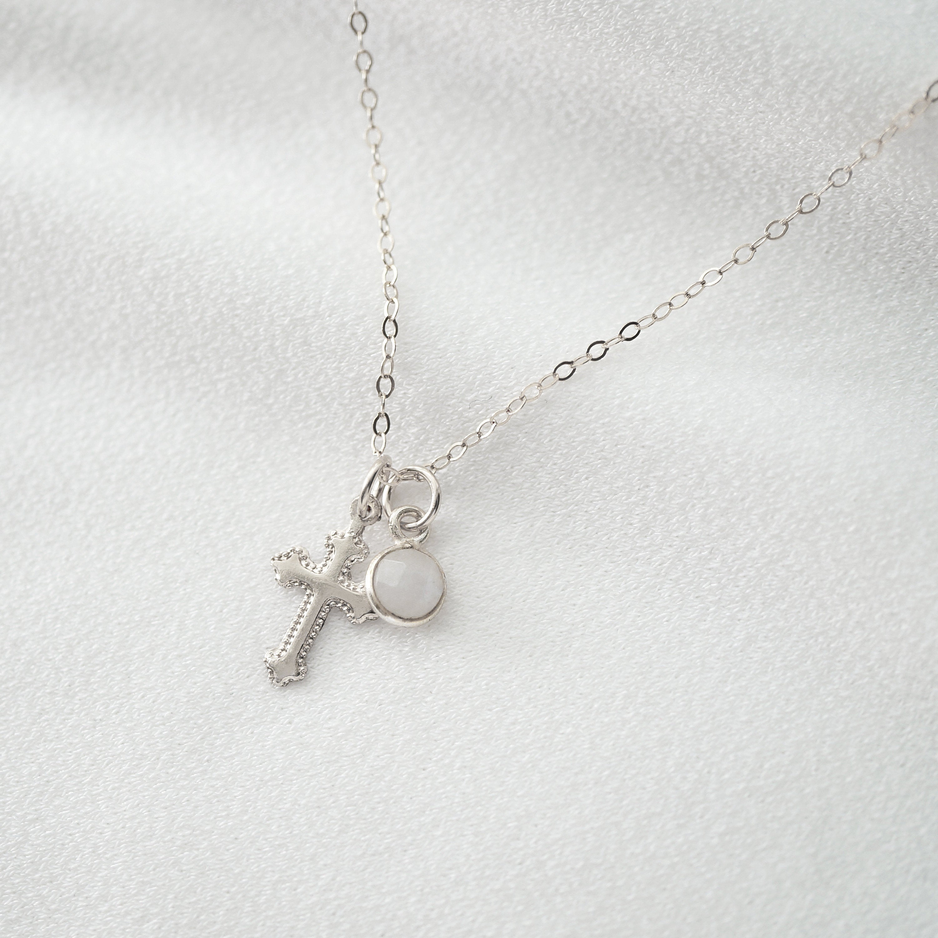 Tiny Sterling Silver Cross Necklace with moonstone (Jada Gem) // 14K Gold filled // Religious jewelry // Minimalist jewelry