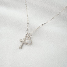 Load image into Gallery viewer, Tiny Sterling Silver Cross Necklace with moonstone (Jada Gem) // 14K Gold filled // Religious jewelry // Minimalist jewelry