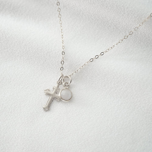 Tiny Sterling Silver Cross Necklace with moonstone (Jada Gem) // 14K Gold filled // Religious jewelry // Minimalist jewelry