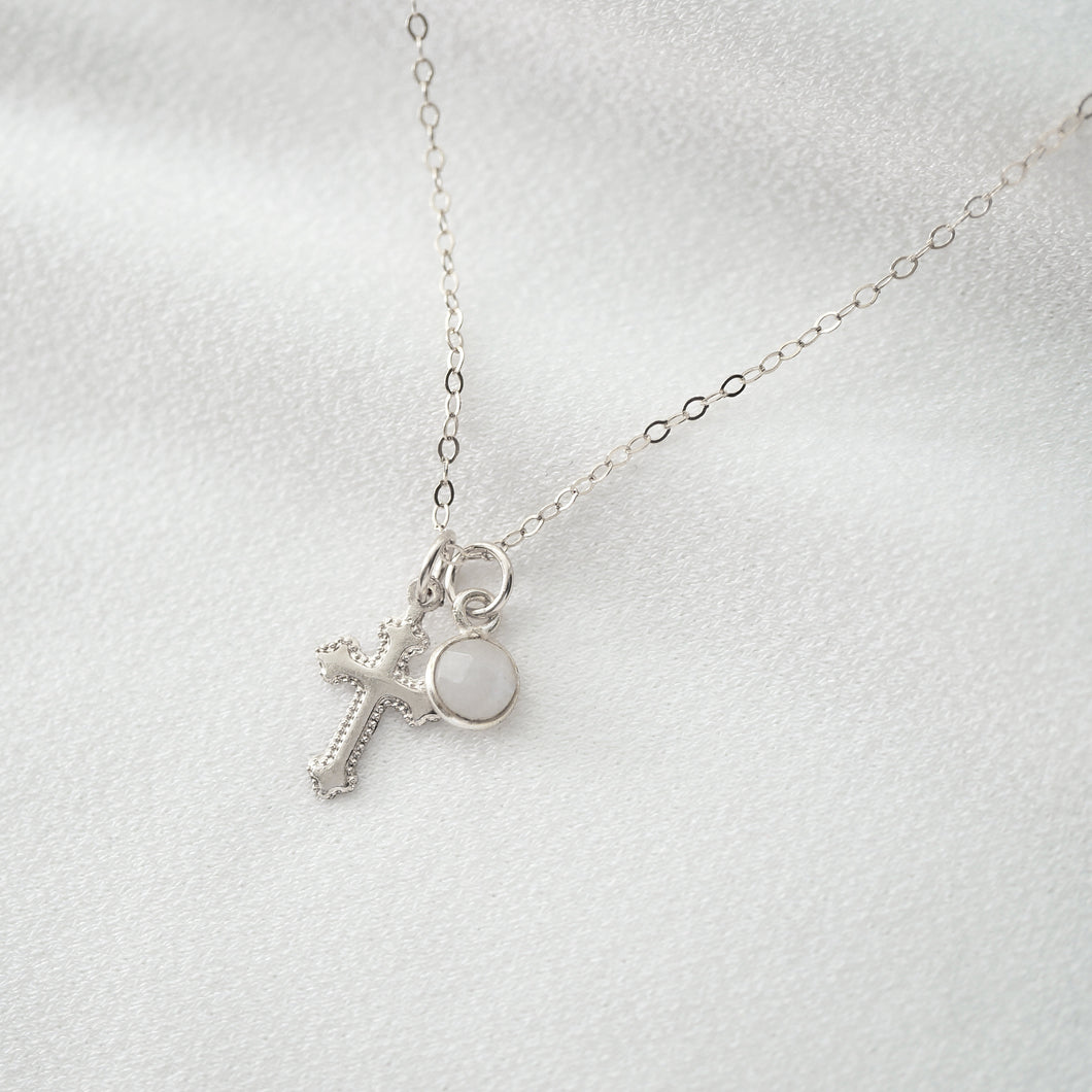 Tiny Sterling Silver Cross Necklace with moonstone (Jada Gem) // 14K Gold filled // Religious jewelry // Minimalist jewelry
